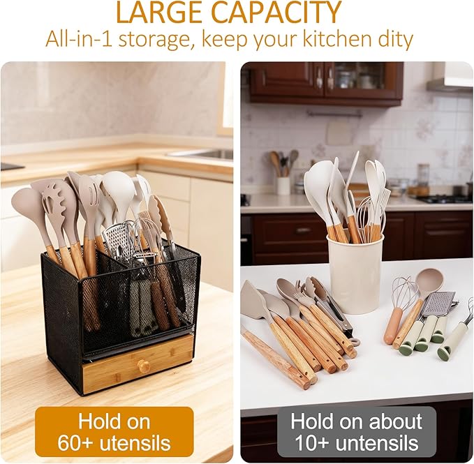 Kitchen Utensil Holder, 2-In-1 Large Utensil Holder Counter & Drawer Silverware Organizer Kitchen Countertop, 6 Compartment Caddy for Cooking and Flatware, With Quick Dry Diatomite Pad