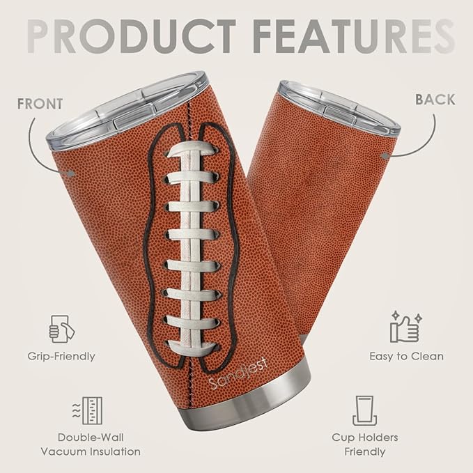 SANDJEST Football Tumbler 20oz Stainless Steel Insulated, Travel Coffee Cup, Sport Tumblers Gifts for Football Lovers, Men Women, Coach, Birthday, Christmas