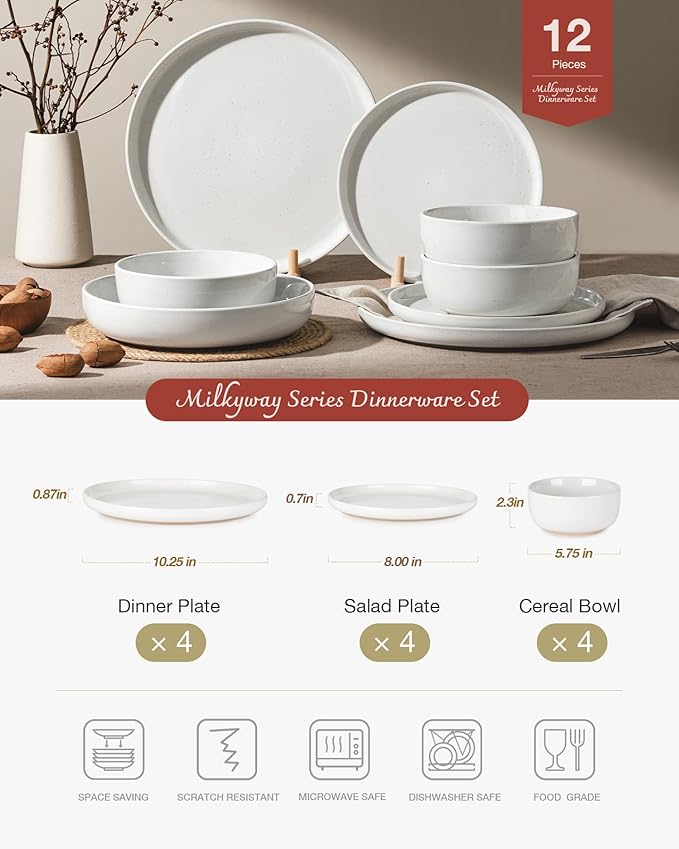 Famiware Milkyway Plates and Bowls Set, 12 Pieces Dinnerware Sets, Dishes Set for 4, White