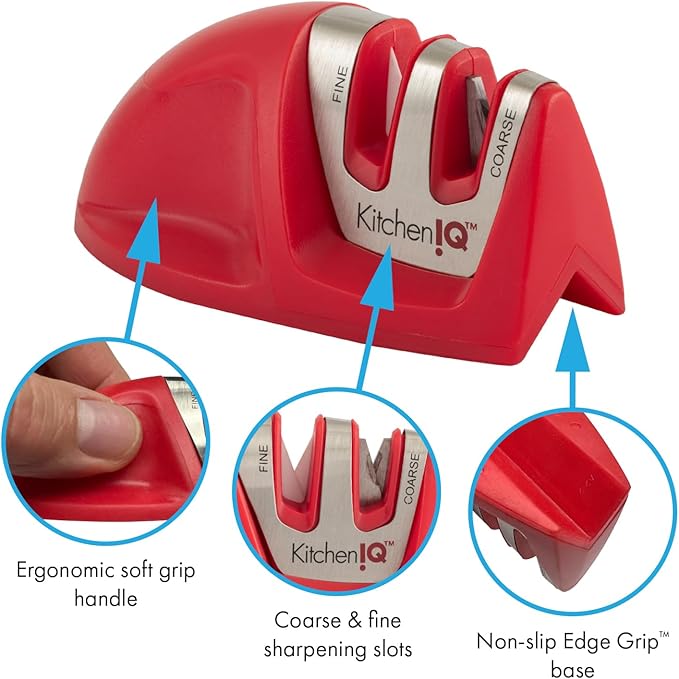KitchenIQ 51421 | Edge Grip 2-Stage Knife Sharpener | Red – 3 Pack | Coarse & Fine Sharpener | Compact for Easy Storage | Stable Non-Slip Base | Soft Grip Rubber Handle | Straight & Serrated Knives