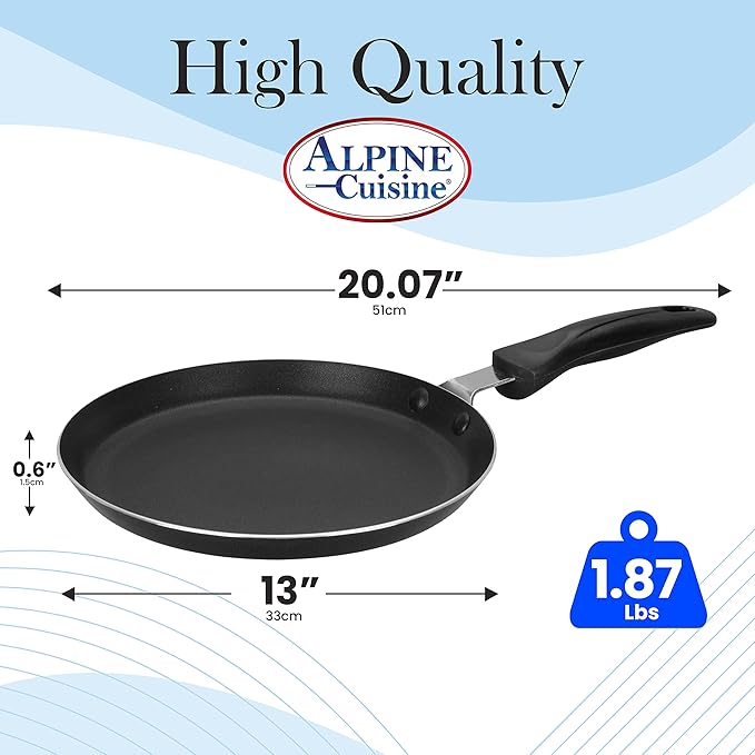 Alpine Cuisine Griddle Pan Aluminum 13in Nonstick Coating, Griddle Pan for Stove Top with Stay Cool Handle, PFOA Free, Durable Nonstick Cookware - Dishwasher Safe - Gray