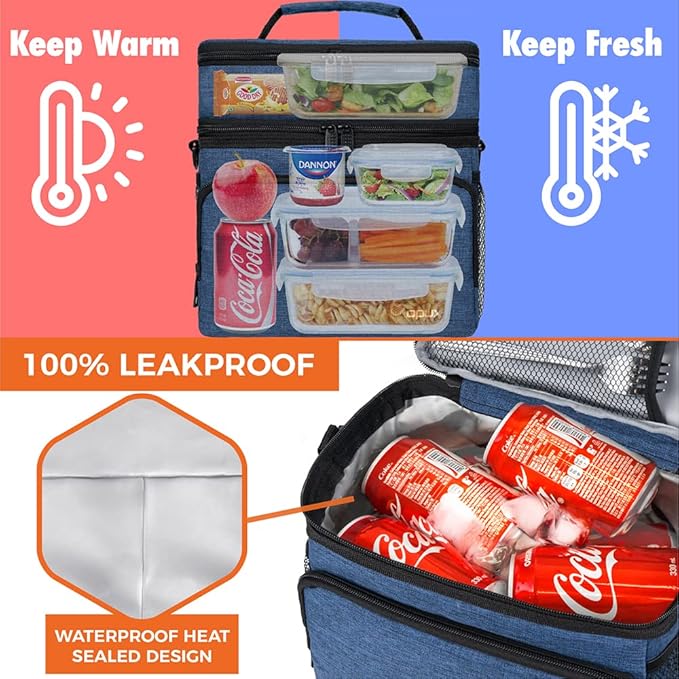 opux Insulated Lunch Bag for Men Women, Large Dual Compartment Cooler Bag, Soft Two Deck Lunch Box for Work School Picnic, Leakproof Lunch Tote with Shoulder Strap for Kid Adult (Navy, Double Deck)