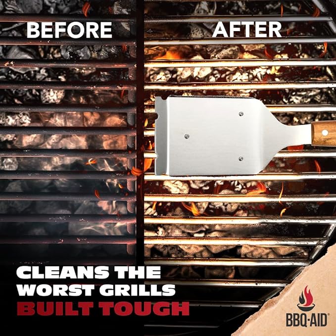 BBQ-AID Bristle Free Grill Brush and Scraper for Barbecue - Extended Large Wooden Handle with Replaceable Head - No Scratch BBQ Cleaning Accessories for Outdoor Grills