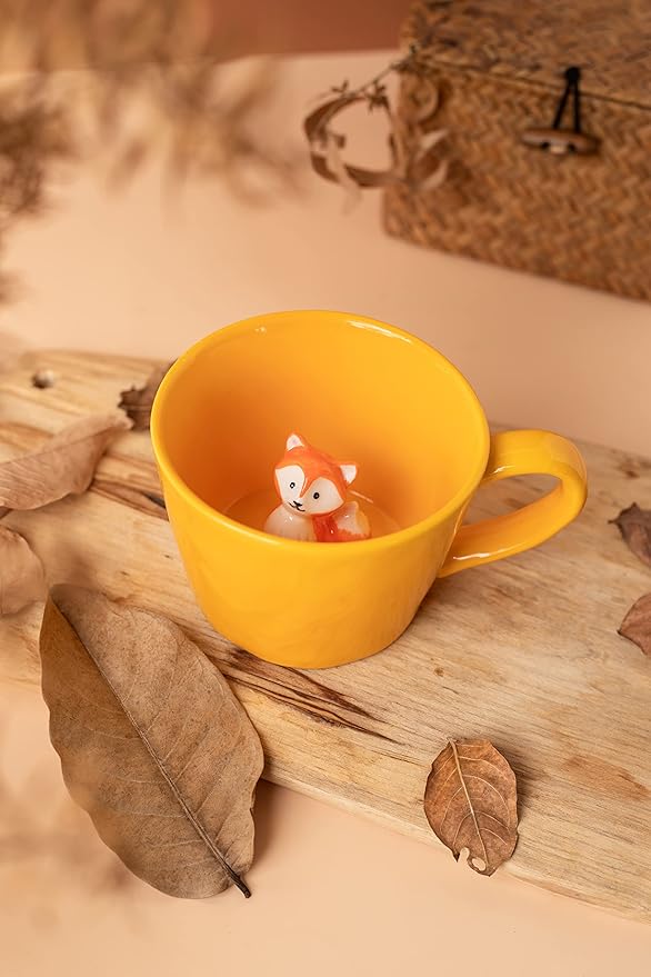 DIHOclub Fox Ceramic Cup Hidden 3D Animal Inside Mug,Cute Cartoon Handmade Figurine Mugs,Holiday and Birthday Gift for Coffee Milk Tea Lovers,12 OZ(Yellow)