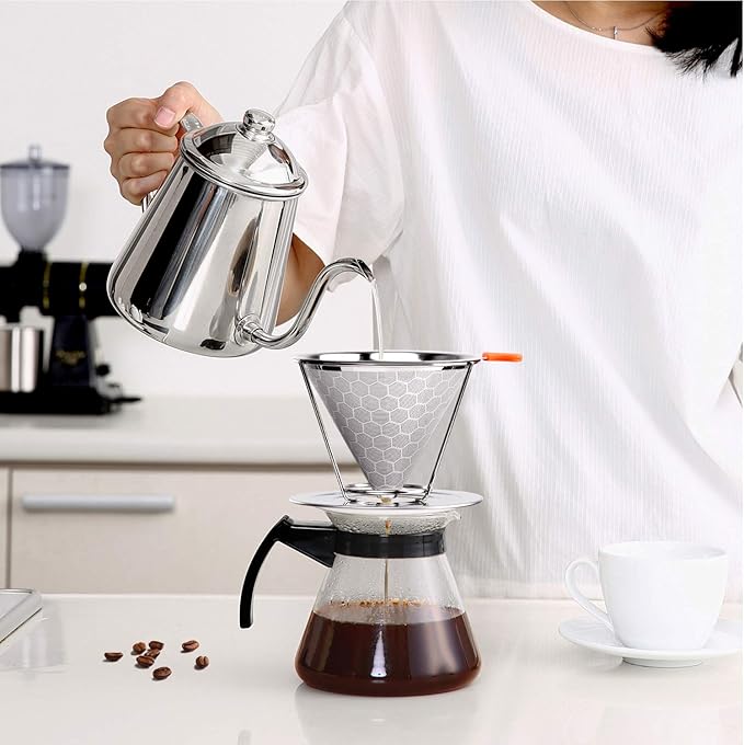 Pour Over Coffee Dripper, Stainless Steel Coffee Filter Reusable Pour Over Coffee Filter Cone Coffee Dripper with Removable Cup Stand and Bonus Brush