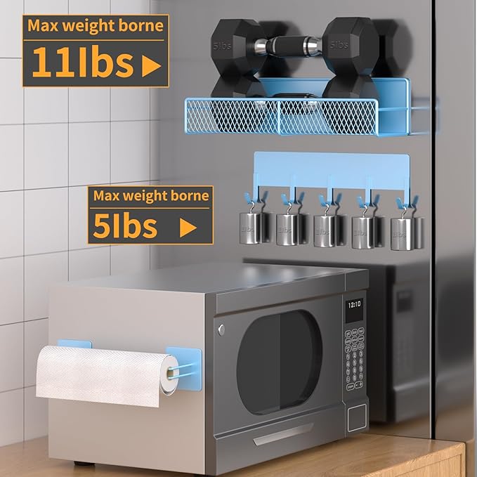 Magnetic Spice Rack for Refrigerator, 10 Pack 100% Metal Strong Magnet Shelf, Moveable Spice Organizer W/ Adjustable Paper Towel Holder, Hook Rack & Utensil Caddy, Home Kitchen Laundry Storage, Blue