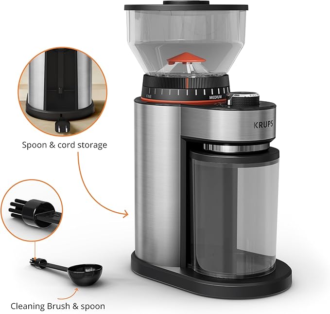KRUPS Flat Burr Coffee Grinder Electric, 18 Adjustable Grind Settings, 2-20 Cups per Grind, Single Touch, Coffee Bean and Spice Grinder, Stainless Steel, Black