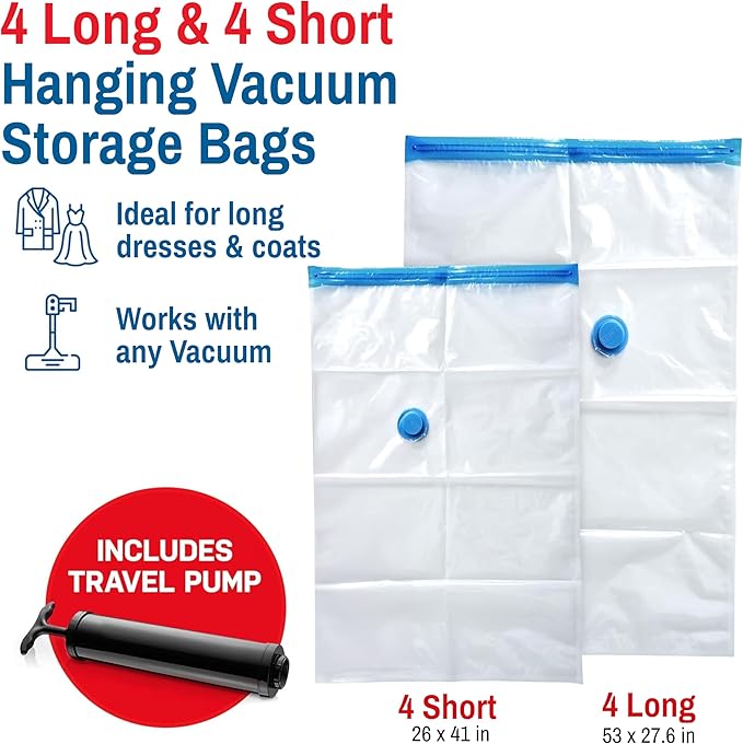 Hanging Vacuum Storage Bags for Clothes & Coats – 8 Pack (4 Small & 4 Large) Vacuum Seal Garment Bags for Hanging Storage – Space Saving Compression Bags for Clothing, Jackets – Transparent