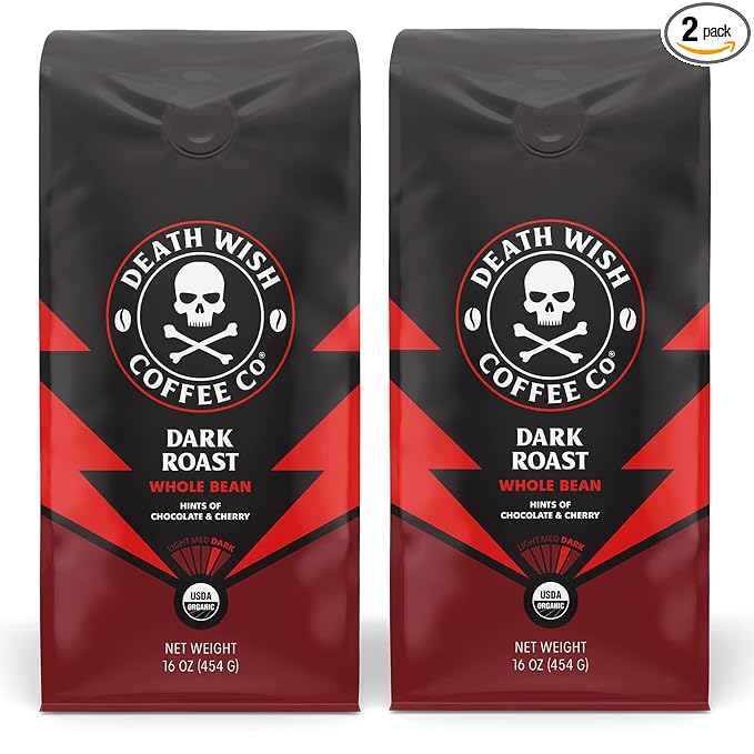 Death Wish Coffee, Whole Bean Dark Roast - USA Organic Coffee Beans Bundle/Bulk - Fair Trade Arabica & Robusta - 16 Ounce (Pack of 2)