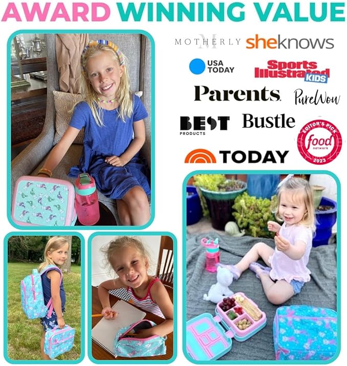kinsho Bento Lunch Box. Insulated Bag, Water Bottle & Ice Pack Set for Kids, Toddlers, Girls. 5 Portion Sections, Removable Tray, Pre-School Toddler Daycare Lunches, Snack Container, Aqua Cat Mermaid