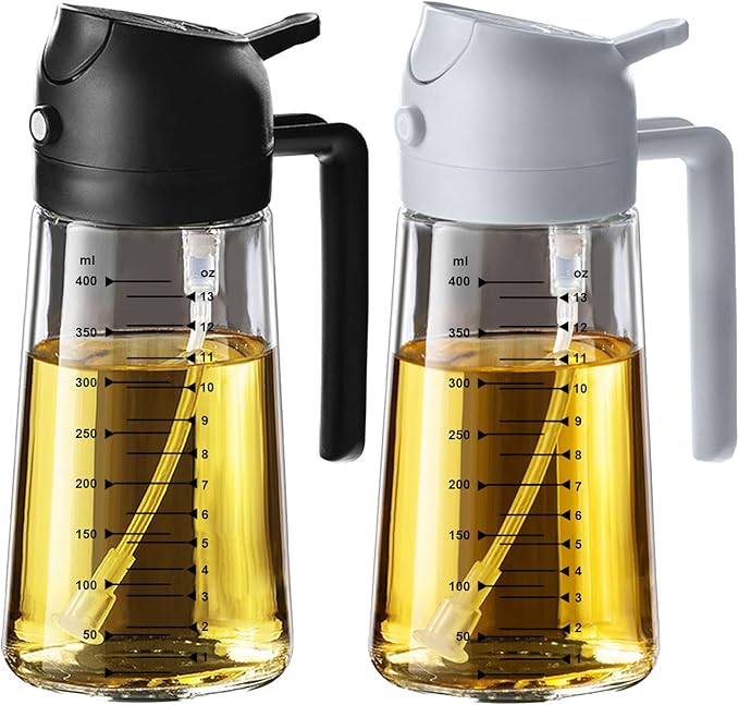 TrendPlain 16oz/470ml Glass Olive Oil Sprayer for Cooking – 2 in 1 Olive Oil Dispenser Bottle for Kitchen Gadgets and Air Fryer Accessories, Salad, BBQ - Black & Ash