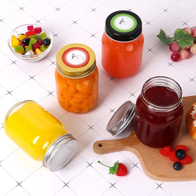 Glass Mason Jars with Black Lids 16 oz - 15 Pack Regular Mouth Canning Jars for Food Storage, Meal Prep, Overnight Oats, DIY Crafts - Includes 24 Stickers & Brush