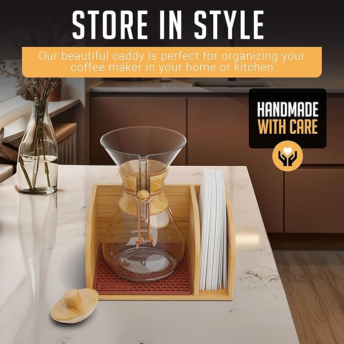 HEXNUB Caddy and Lid for Pour Over Coffee Maker, Bamboo Stand fits Chemex, Bodum, Cosori Carafes, Heatproof Mat, Filter Holder for Drip Coffee Maker - Brown Mat