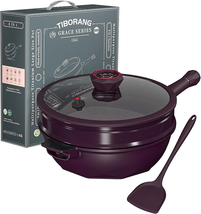 TIBORANG 8 in 1 Multipurpose 11 Inch 5 Quart Heat Indicator Nonstick Deep Frying Pan with Glass Lid,Steamed Grid,PFOA-Free,Dishwasher&Oven Safe,Works with All Stovetops (Midnight Purple)