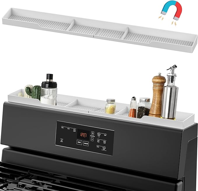 AWOKE Stove Top Shelf 30 Inch - Silicone Material Magnetic Shelf for The Stove - 3 Functional Partitions Kitchen Spice Rack Organizer - White