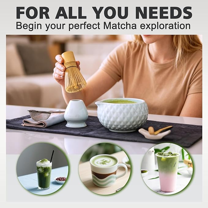 Matcha Whisk Bowl Set, 7PCS All-in-One Japanese Tea Set Includes Matcha Bowl with Spout, Bamboo Whisk (Chasen) with Stand, Scoop, Sifter, Complete Kit for Ceremony, Gift for Matcha Tea Lovers(Blue)
