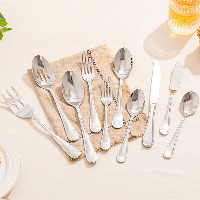 KINGSTONE 45 Piece Silverware Set for 8 with Serving Utensils, 18/10 Stainless Steel Flatware Set, Modern Design Cutlery Set for Home/Hotel/Wedding,Mirror Polished and Dishwasher Safe