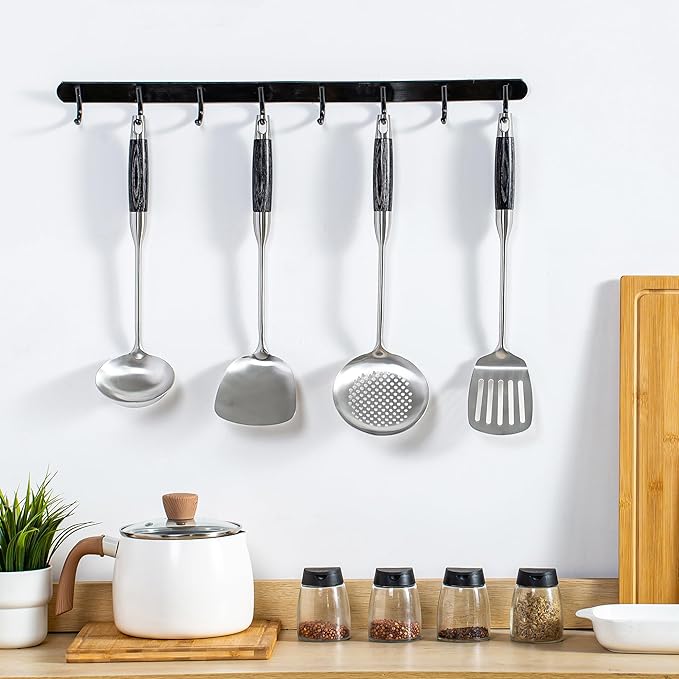 FJNATINH Wok Spatula Set of 4, Spatula Slotted Turner, Soup Ladle, Slotted Spoon for Cooking Utensils with Wooden Handle, Kitchen Stainless Steel Spatulas Cooking Spoons