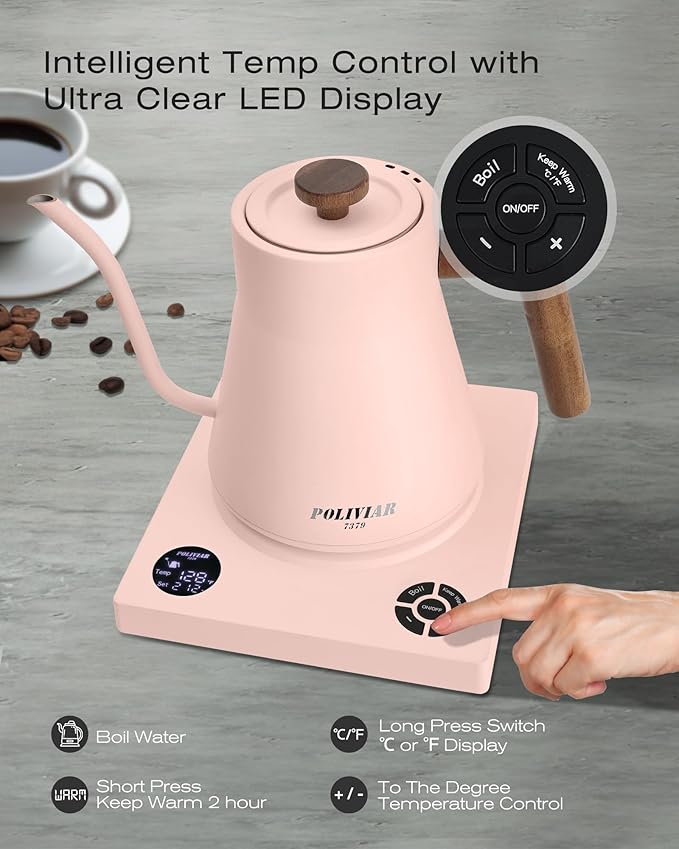 POLIVIAR Electric Gooseneck Kettle, 1200W Electric Tea Kettle Real Wood Handle, 34oz Pour Over Electric Kettle for Coffee & Tea, 18/8 Stainless Steel Inner, Temperature Control & Rapid Heating