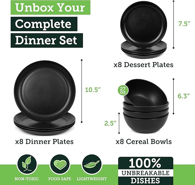 Grow Forward 24-piece Premium Wheat Straw Dinnerware Sets for 8 - Unbreakable Dishwasher & Microwave Safe Plastic Plates and Bowls Sets - Patio, Outdoors, RV, Camping Dishes - Midnight