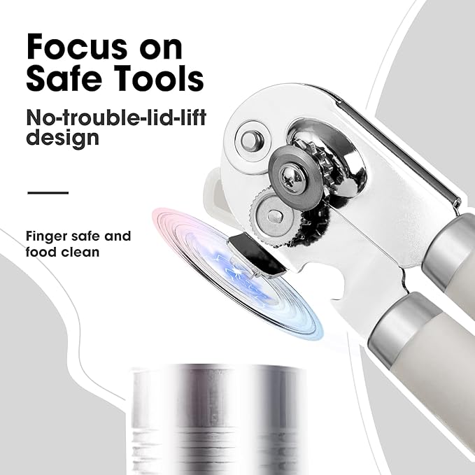 Beneno Heavy Duty Hand Can Opener Manual with Magnet, Durable Sharp Carbon Steel Blade Smooth Cutting, Big Effort-Saving Knob & Soft Grip Handle, Multifunctional Kitchen Tool with Bottle Opener, Beige