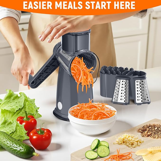 Rotary Cheese Grater Hand Crank with 5 Interchangeable Blades, Vegetable Slicer Chopper for Fruit Vegetable Nuts, Mandoline Slicer for Kitchen with Blades Rack & Suction Base, Grey