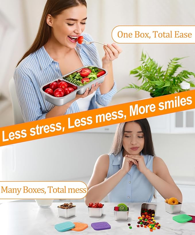 5 Pack Stainless Steel Snack Containers for Kids & Adults - Leek Proof Metal Bento Lunch Box with 2 Compartment - Lunchable Containers for Daycare, School, Work, Travel - Stackable Snack Bento Box