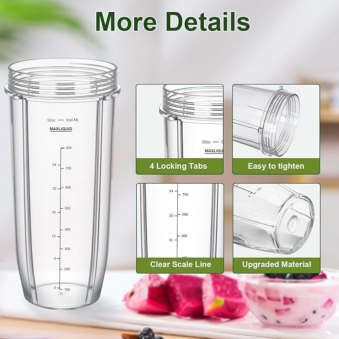Blender Cups Replacement Parts for Ninja, 32oz Cups with Sip & Seal Lids,Compatible with Ninja Auto IQ Blender BL450 BL480 BL642 BL680 BN801 SS101 SS151