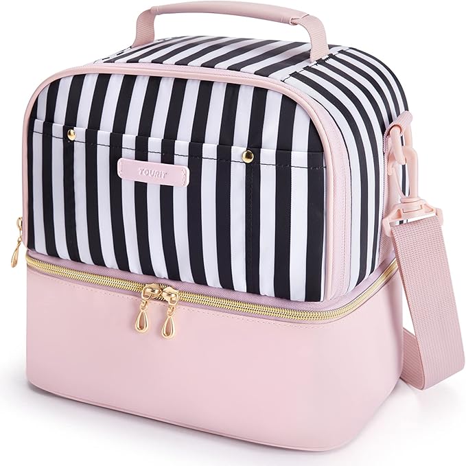 TOURIT Lunch Bag Women Double Deck Lunch Box Insulated Lunch Cooler for Women Men Work, Pink Stripes
