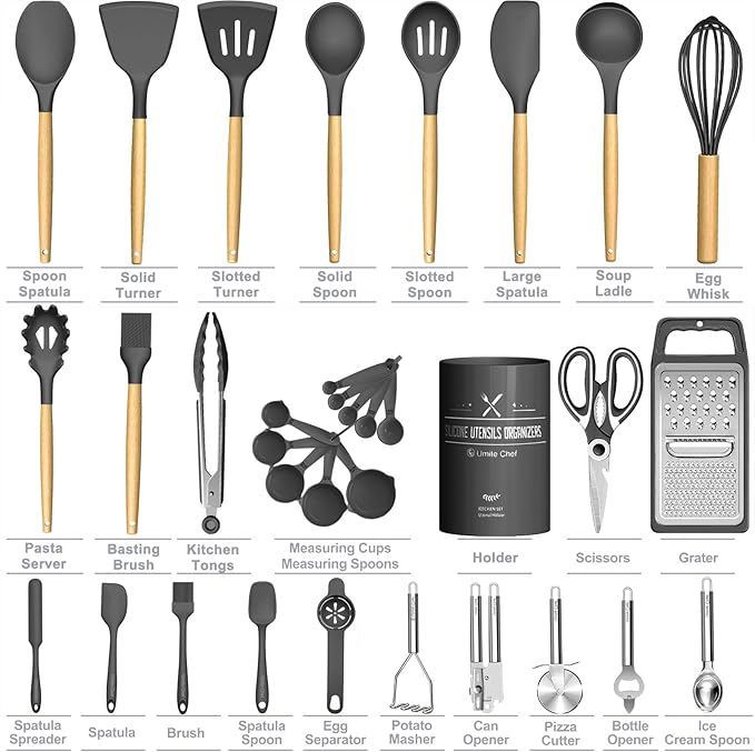 Umite Chef Silicone Kitchen Utensil Set, 34PCS Heat Resistant Kitchen Gadgets and Tools With Grater, Wood Handles for Nonstick Cookware (Dark Gray)