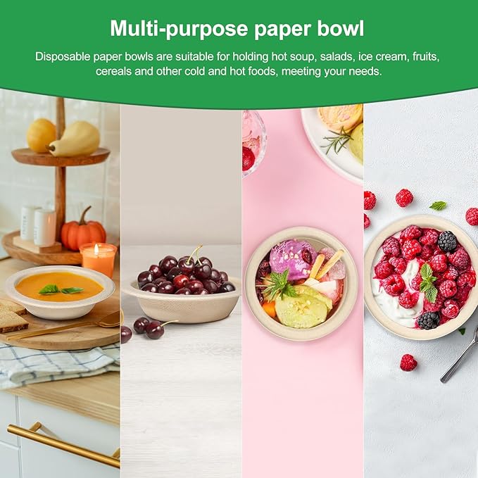 Compostable Paper Bowls 12 oz, 200 Pack Bowls Disposable Heavy Duty, Microwavable Eco-Friendly Biodegradable Bowl for Snacks, Milk, Cereals, Soup, Natural Brown