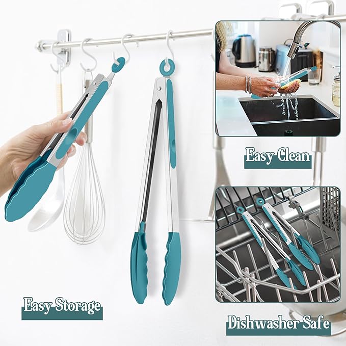 TeamFar Kitchen Tongs, 9" and 12" Stainless Steel Cooking Tongs with Silicone Tips for Cooking Grilling Serving & BBQ, Heat Resistant Silicone Tongs, Locking Design & Dishwasher Safe, Set of 2 & Blue