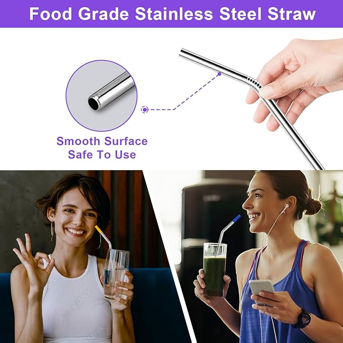 Newly Upgraded 10.5In Bent Metal Straws Reusable Set 6 PCS with 12 Silicone Accessories, 2 Straw Brush, 1 Storage Case, BPA Free, Eco-Friendly Stainless Steel Straws for 14, 20, 30,40 oz Tumbler