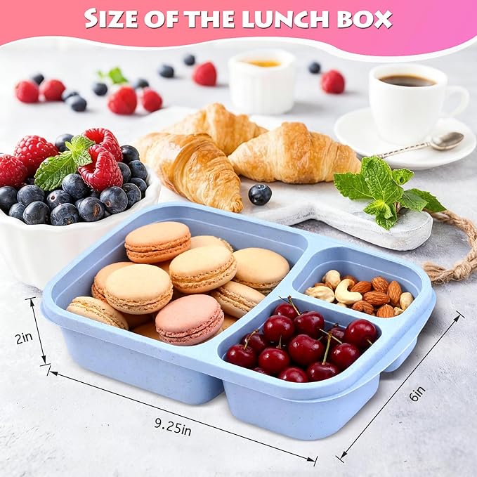 8 Pack Adult Lunch Box Set, Reusable 3-compartment food containers, Microwave and Dishwasher Safe (8 light colors)