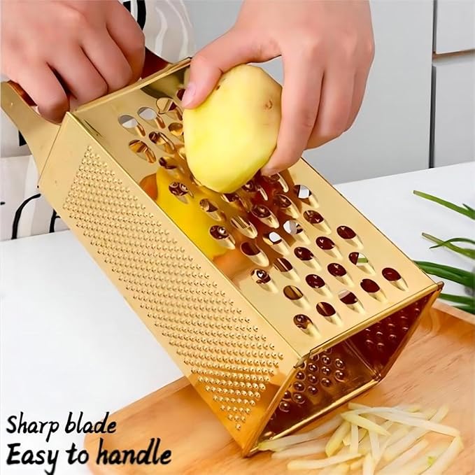 Stainless Steel 4 Sides Grater Slicer with Handle, Multifunctional Cutter Planing for Ginger, Garlic, Cucumbers, Carrots, Cheese, Potato, Ergonomic Design Kitchen Gadgets Accessories（Gold）