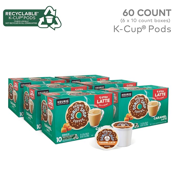 The Original Donut Shop Caramel Latte, Keurig Single Serve K Cup Pods, Flavored Coffee, Caramel Latte, 10 Count - Pack of 6