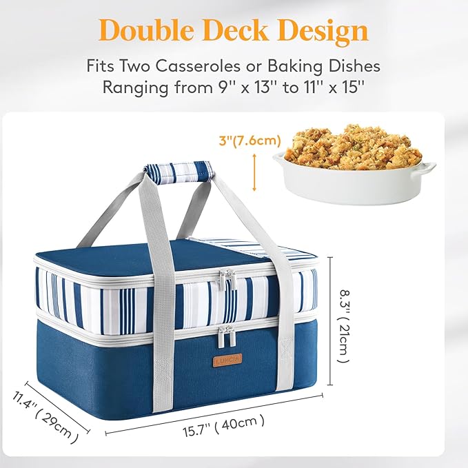 LUNCIA Double Decker Insulated Casserole Carrier for Hot or Cold Food, Lasagna Holder Tote for Potluck Parties/Picnic/Cookouts, Fits 9"x13" Baking Dish, Blue