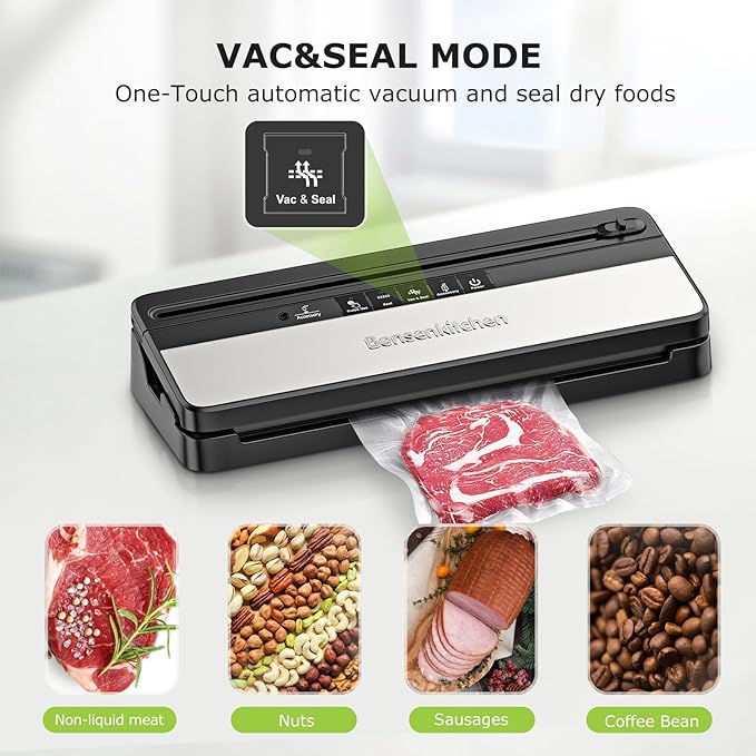 Bonsenkitchen Vacuum Sealer Machine, Multi-Functional Food Sealer with 1 Roll Bag & 50 Vacuum Bags, Built-in Cutter | Bag Storage, Black-Silver