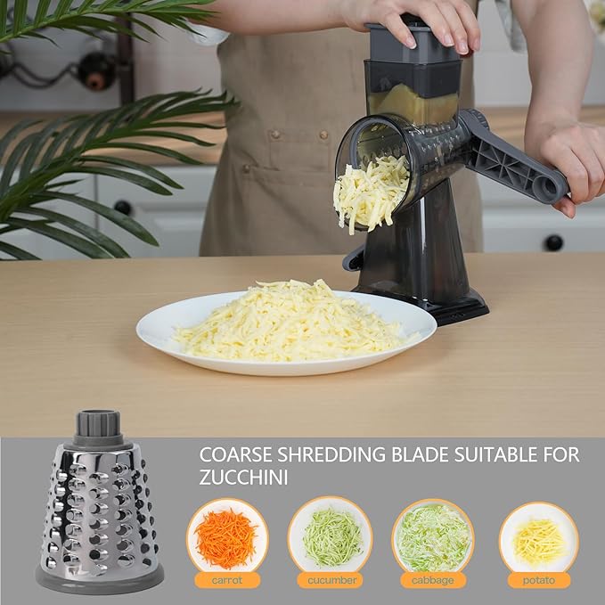 Rotary Cheese Grater Multi-Purpose Stainless Steel Shredder- Cheese Grater With handle Effortless Grating of Vegetables, Nuts and Fruits,with Suction Base and Cleaning Brush (gray)