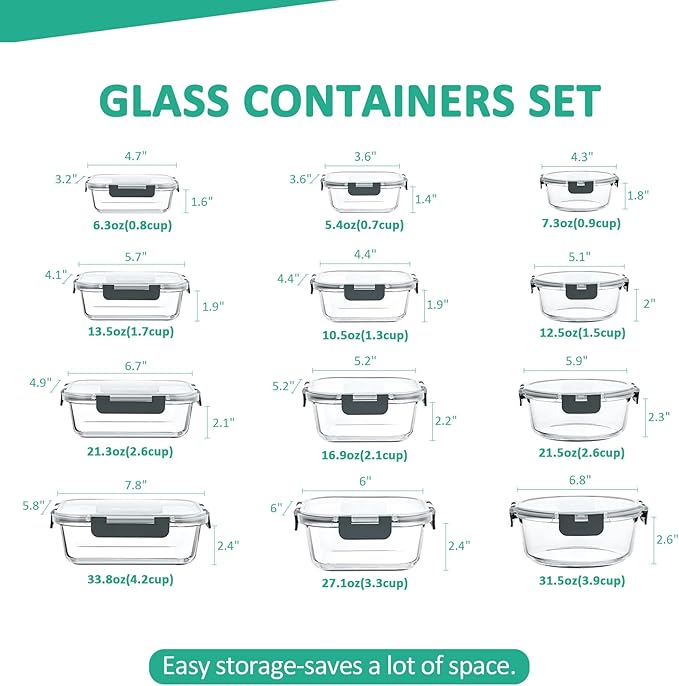 KOMUEE 24 Pieces Glass Food Storage Containers Set,Meal Prep Containers-Stackable Airtight Glass Storage Containers with lids,Freezer, Microwave, Oven Safe,Gray