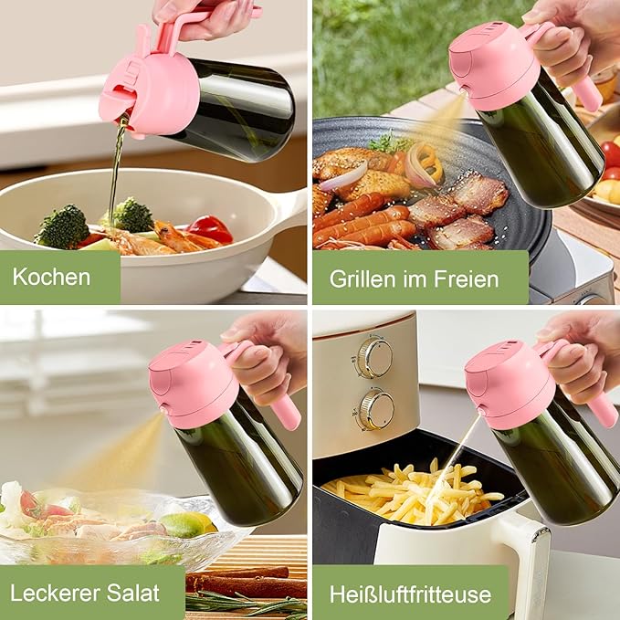 YARRAMATE 2Pcs 16oz/470ml Dark Green Oil Sprayer for Cooking with Stickers, Food-grade Premium 2 in 1 Olive Oil Dispenser Bottle for Kitchen Gadgets, Air Fryer, Salad, Frying, BBQ (Pink&Black)