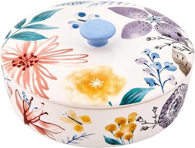 Bico Blossom Symphony Ceramic Tortilla Warmer, 8.9 Inch Tortilla Holder with Lid for Taco Bread Pancake for Mexican Night and Party, Microwave and Dishwasher Safe