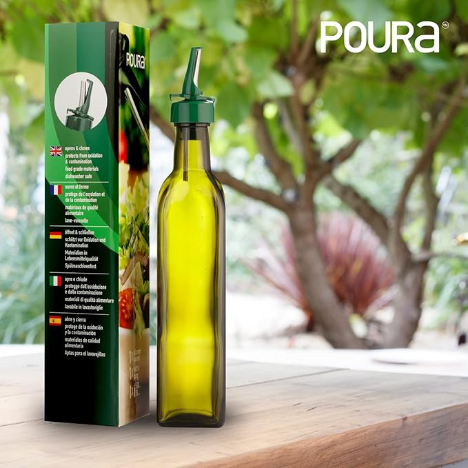 Poura Glass Olive Oil Bottle Drizzler with Pourer Spout - BPA Free Hygienic Open and Close Pourer Prevents Oxidation Keeping Olive Oil Fresh - Includes Funnel for No Mess Or Wastage