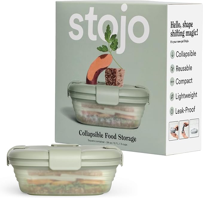 STOJO Collapsible Sandwich Box – 24oz, Reusable Food Storage Container, Silicone Bowl for Hot/Cold Food – Meal Prep, Lunch, Camping, Hiking – Dishwasher Safe (Set of 1, Sage Green)