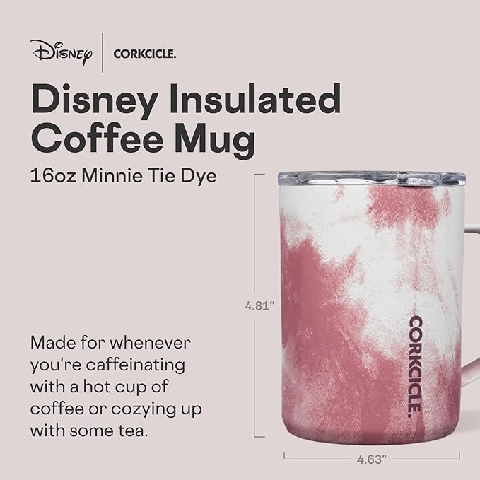 Corkcicle Classic Coffee Mug - Triple Insulated Stainless Steel for Travel - Shatter-Proof Lid - Keeps Drink Hot Over 3 Hours - Holiday Mug Gift - Great for Gifting Warmth - 16 oz - Minnie Tie Dye