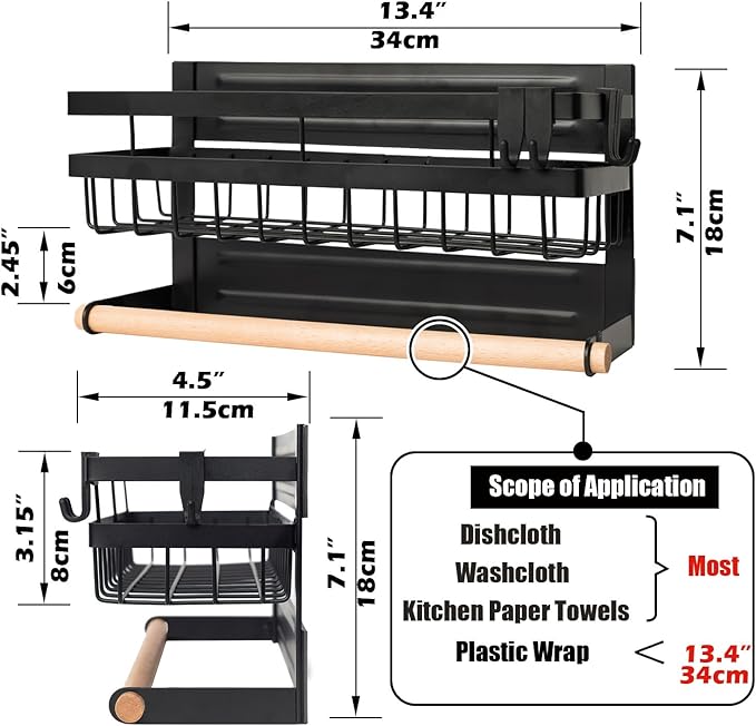 Sleclean Spice Rack for Refrigerator, Pack of 2, paper towel holder magnetic, Organizers and Storage, Multi Use Kitchen Shelf,13.4?x4.5?x7.1?,Black