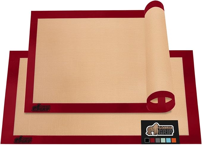 GORILLA GRIP Reusable Nonstick Silicone Baking Mat, 2-Pack, BPA-Free Oven Safe Food Liner for Toaster Ovens, Mini Cookie Sheets, Easy Clean, Holiday Baking Essentials, 11.75x8.25, Quarter Sheet, Red
