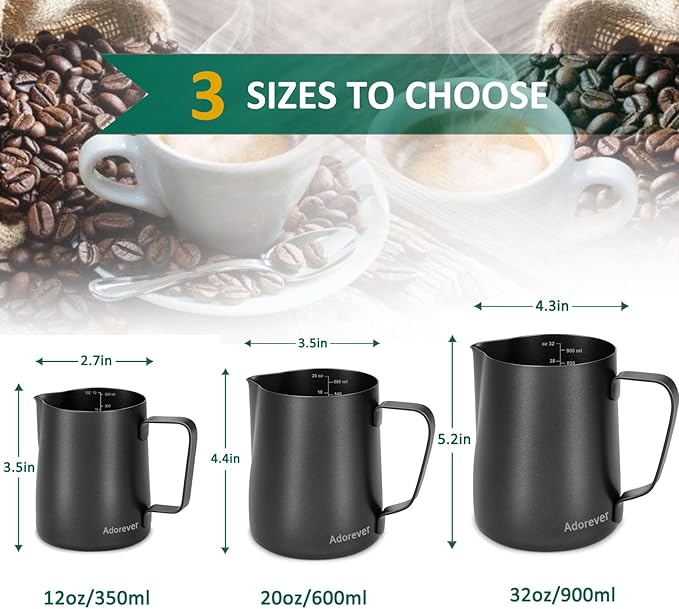 Milk Frothing Pitcher 600ml/20oz Steaming Pitchers Stainless Steel Milk Coffee Cappuccino Latte Art Barista Steam Pitchers Milk Jug Cup with Decorating Art Pen, Matte Black