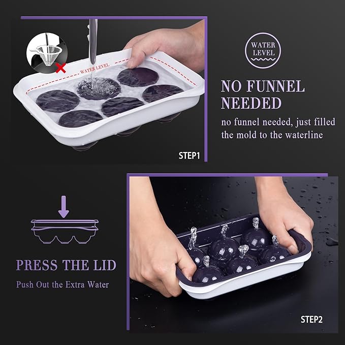 Whiskey Ice Ball Maker, [Fill without Funnel & Easy Release] 2.2'' Round Large Iced Cube Trays with Cover, Reusable Sphere Silicone Ices Tray with Lids for Bourbon, Gift for Brandy Lover
