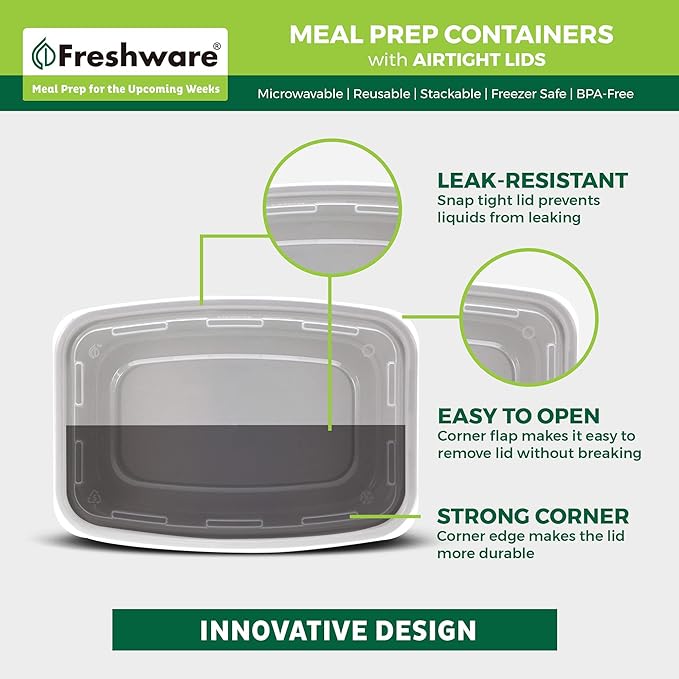 Freshware Meal Prep Containers [25 Pack] 1 Compartment Food Storage Containers with Lids, Bento Box, BPA Free, Stackable, Microwave/Dishwasher/Freezer Safe (28 oz)